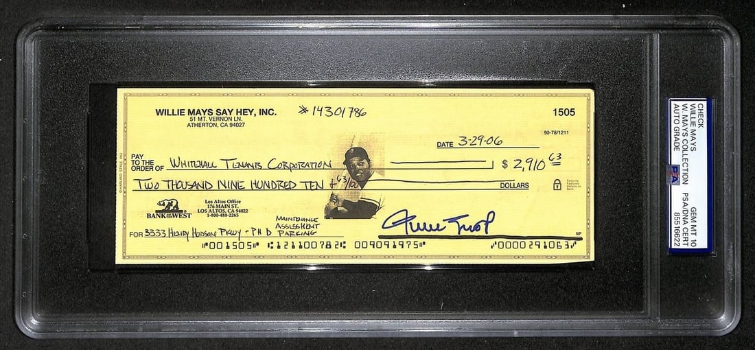 Willie Mays HOF Signed/ Auto 2006 Bank Check PSA/ DNA GEM MT 10 211197: Willie Mays HOF Signed/ Auto 2006 Bank Check PSA/ DNA GEM MT 10 211197 Item Specifics: Original/Reprint: Original Product: Bank Check Sport: Baseball Product Disclaimer: Not affiliated with any team o