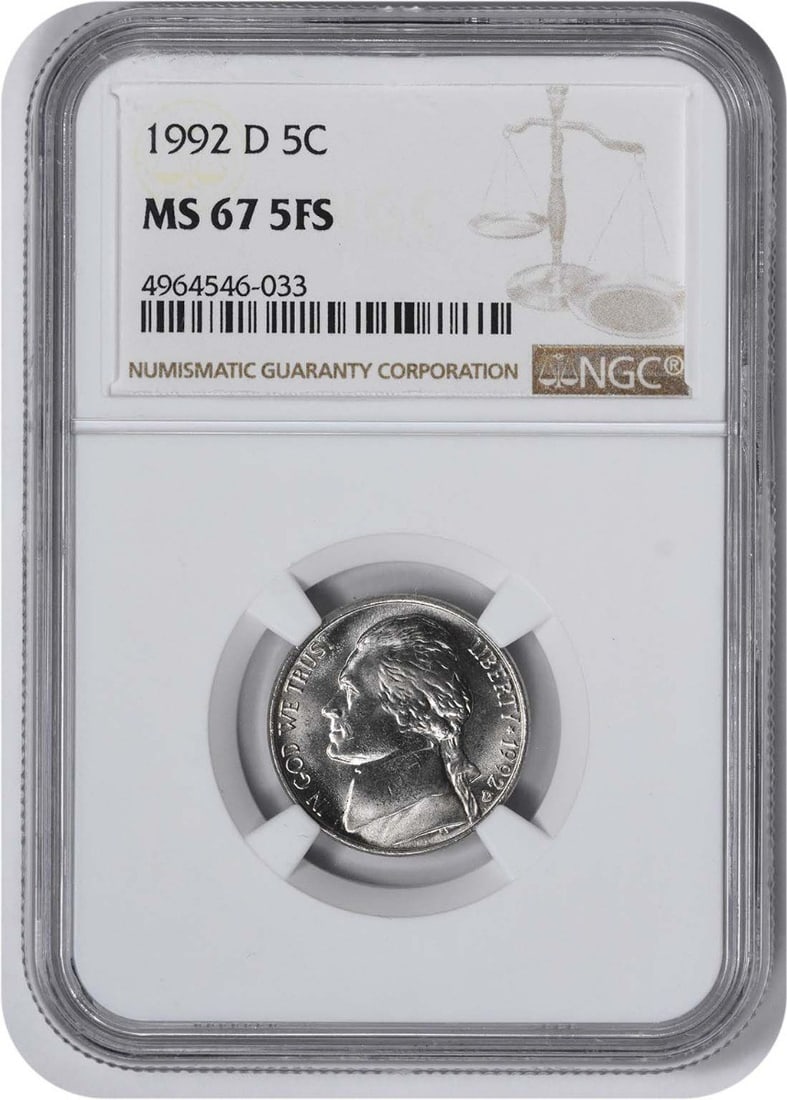 1992-D Jefferson Nickel MS67 5FS NGC: 1992-D Jefferson Nickel MS67 5FS NGC The 1992-D Jefferson Nickel MS67 5FS NGC is a highly detailed and well-preserved uncirculated coin, boasting a grade of MS67 from the Numismatic Guaranty Corporati