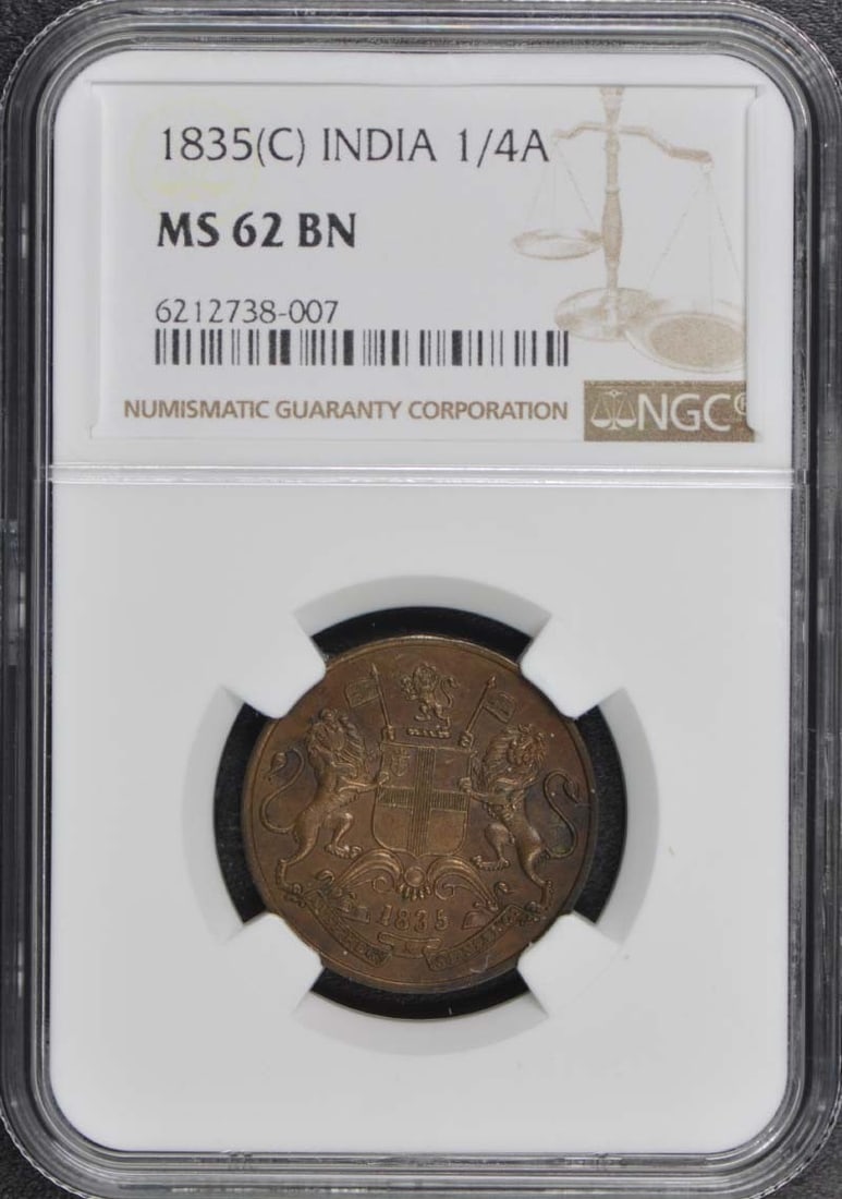 1835 C India 1/ 4A NGC MS62 BN: 1835 C India 1/ 4A NGC MS62 BN Uncirculated 1835 C India Quarter, graded MS62 by the Numismatic Guaranty Corporation (NGC), boasts exceptional condition with a high level of detail and luster. This co