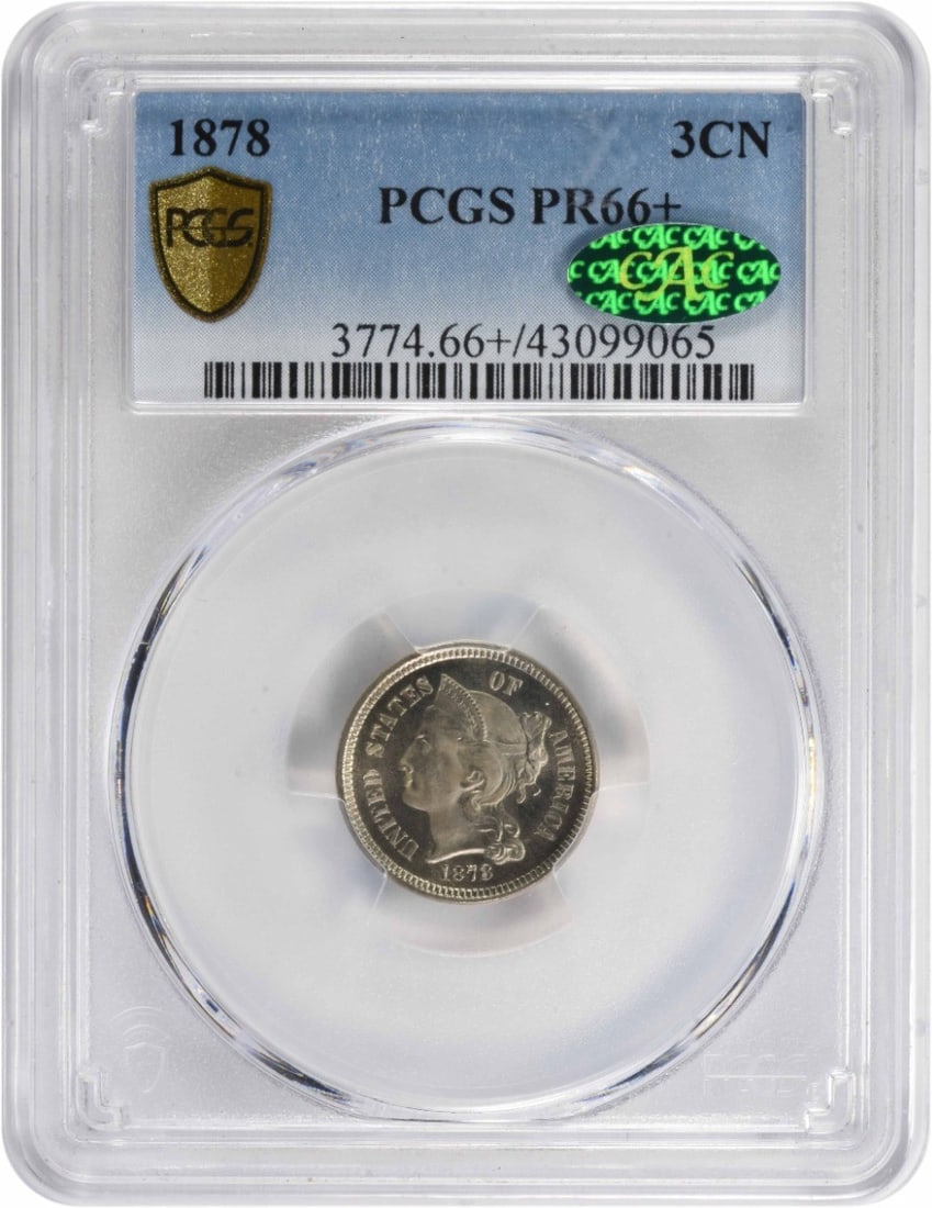 PCGS PR66+ CAC Three Cent Nickel 1878: PCGS PR66+ CAC Three Cent Nickel 1878 PCGS PR66+ CAC Three Cent Nickel 1878 boasts exceptional condition, with the PCGS certification verifying its high grade. Produced in 1878 and bearing a striking 