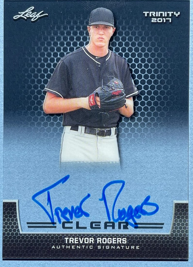 Trevor Rogers Autographed 2017 Leaf Baseball Card: Trevor Rogers Autographed 2017 Leaf Baseball Card Trevor Rogers' 2017 Leaf Trinity baseball card bears his signature, making it a unique collectible for fans of the talented pitcher. This autographed 