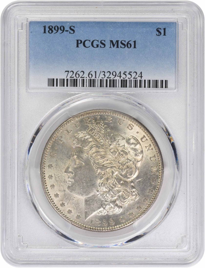 1899-S Morgan Silver Dollar MS61 PCGS: 1899-S Morgan Silver Dollar MS61 PCGS The 1899-S Morgan Silver Dollar MS61 PCGS boasts exceptional condition, with its reeded edge and circulated features showcased in stunning detail. Certified by th
