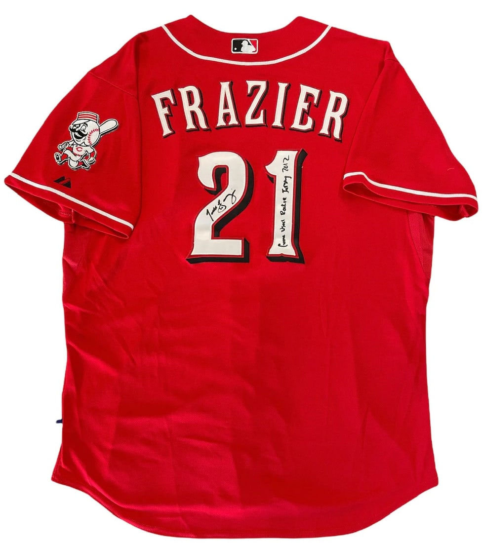 Cincinnati Reds Todd Frazier Jersey Autographed Used Game: Cincinnati Reds Todd Frazier Jersey Autographed Used Game Todd Frazier's 2012 game-used jersey bears his signature on the back in black sharpie, a unique piece for baseball collectors. The jersey has 