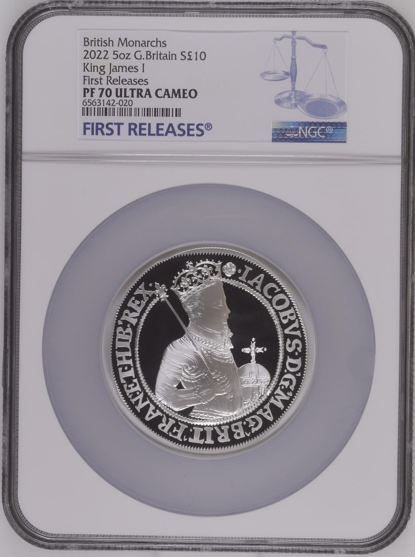 2022 5oz G.Britain King James I First Releases S10PND NGC PR70DCAM: 2022 5oz G.Britain King James I First Releases S10PND NGC PR70DCAM This 2022 5oz G.Britain King James I First Releases S10PND NGC PR70DCAM coin boasts a stunning PR70 grade, indicating exceptional con