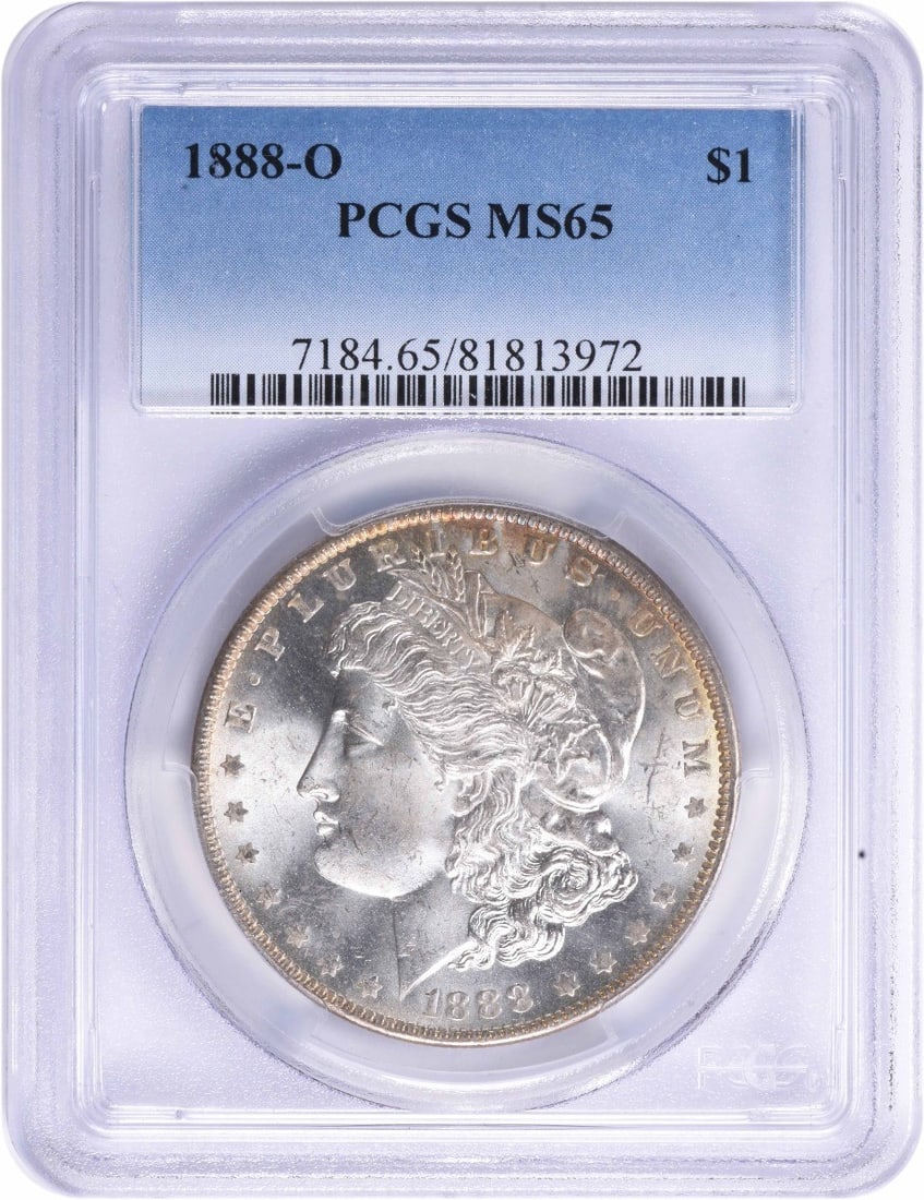 Morgan Silver Dollar MS65 1888-O: Morgan Silver Dollar MS65 1888-O The Morgan Silver Dollar MS65 1888-O boasts an impressive MS65 grade, indicating exceptional condition and minimal wear. Certified by PCGS as Uncirculated, this coin f