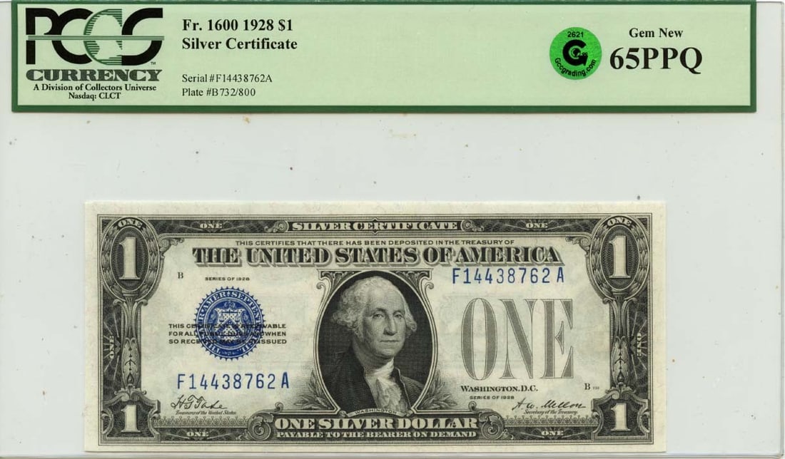 $1 Silver Certificate 1928 FR#1600 PCGS GEM 65 PPQ GCC Green: $1 Silver Certificate 1928 FR#1600 PCGS GEM 65 PPQ GCC Green The 1928 Silver Certificate (FR#1600) is a highly graded example, boasting a PCGS GEM 65 PPQ GCC Green certification. This uncirculated not