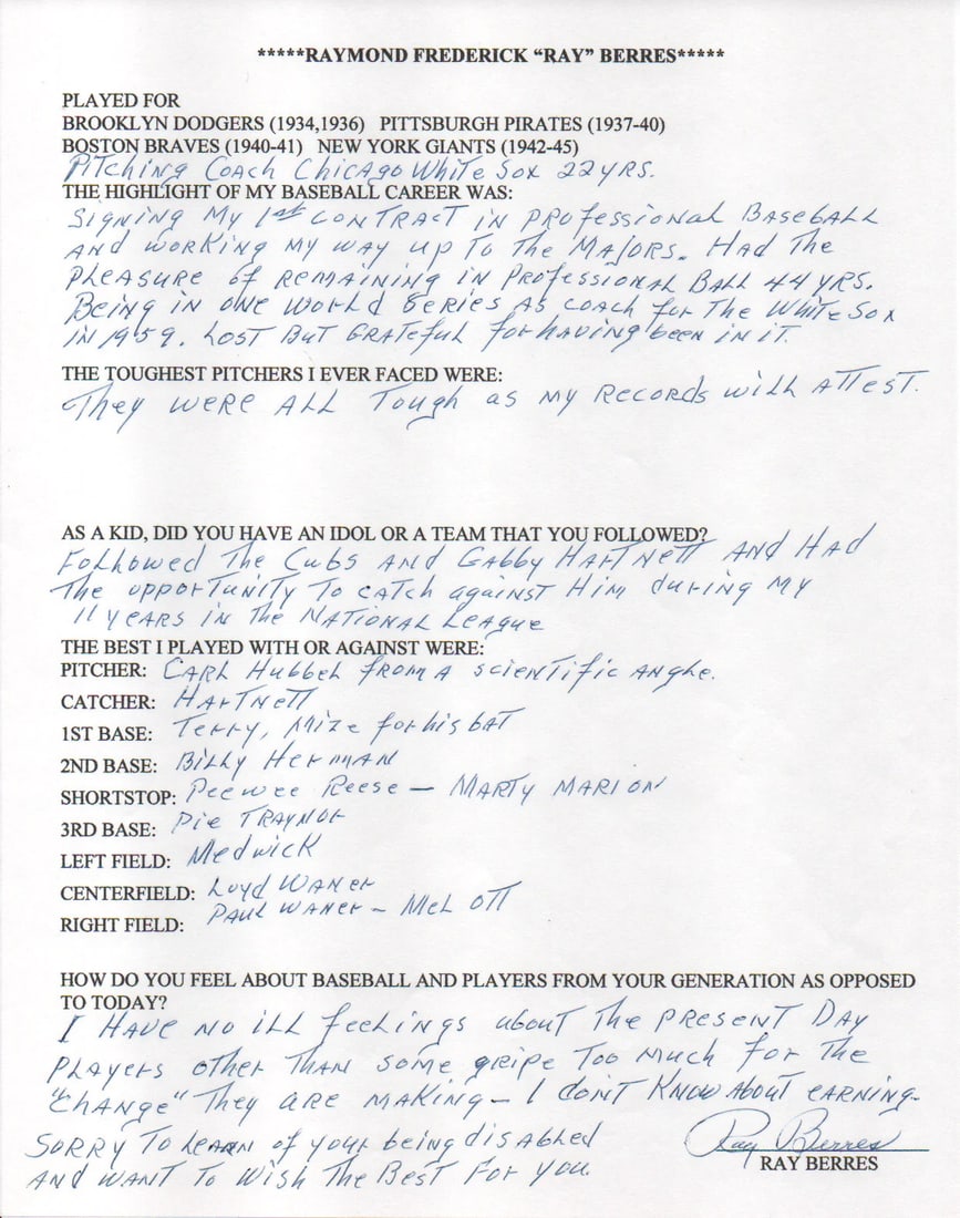 Ray Berres Autographed Hand Filled Out Survey Page (JSA): Ray Berres Autographed Hand Filled Out Survey Page (JSA) Item Specifics: Brand: James Spence Authentication (JSA) Ray Berres Autographed Hand Filled Out Survey Page Signed and filled out inblue pen ac