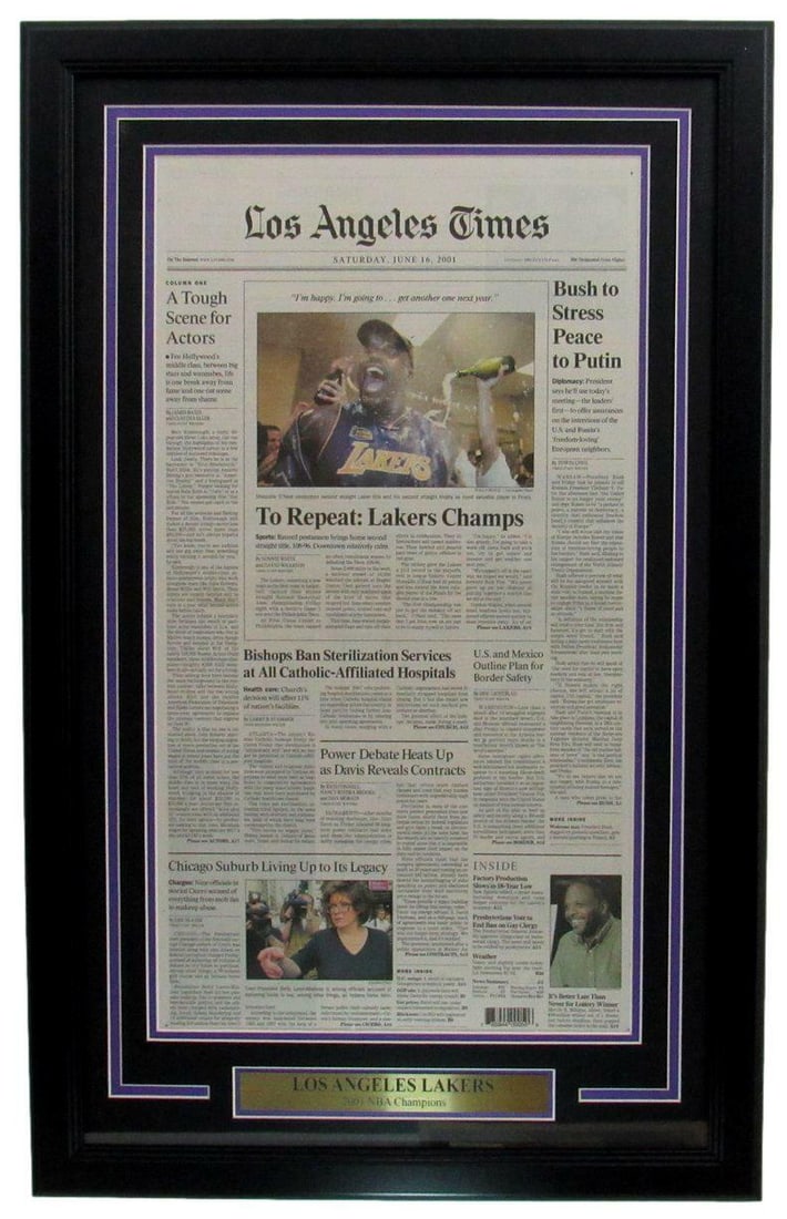 2001 Los Angeles Times Newspaper LA Lakers NBA Champs Framed 166175: 2001 Los Angeles Times Newspaper LA Lakers NBA Champs Framed 166175 2001 LA Lakers NBA Champs Framed Newspaper: A piece of history from the Los Angeles Times, commemorating the Lakers' championship se