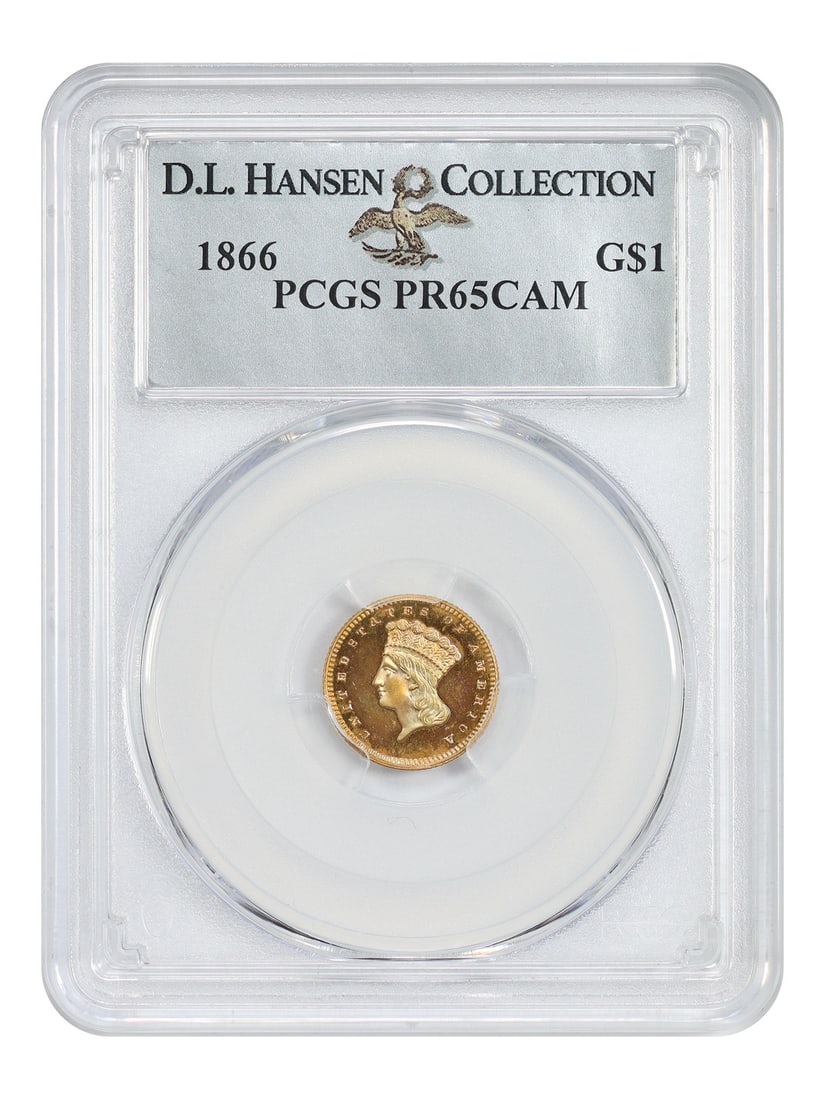 1866 G$1 PCGS PR65CAM ex: D.L. Hansen - Gold Dollar: 1866 G$1 PCGS PR65CAM ex: D.L. Hansen - Gold Dollar The 1866 G$1, graded PR65CAM by PCGS, was once owned by renowned collector D.L. Hansen, adding a layer of provenance to its storied history. This un