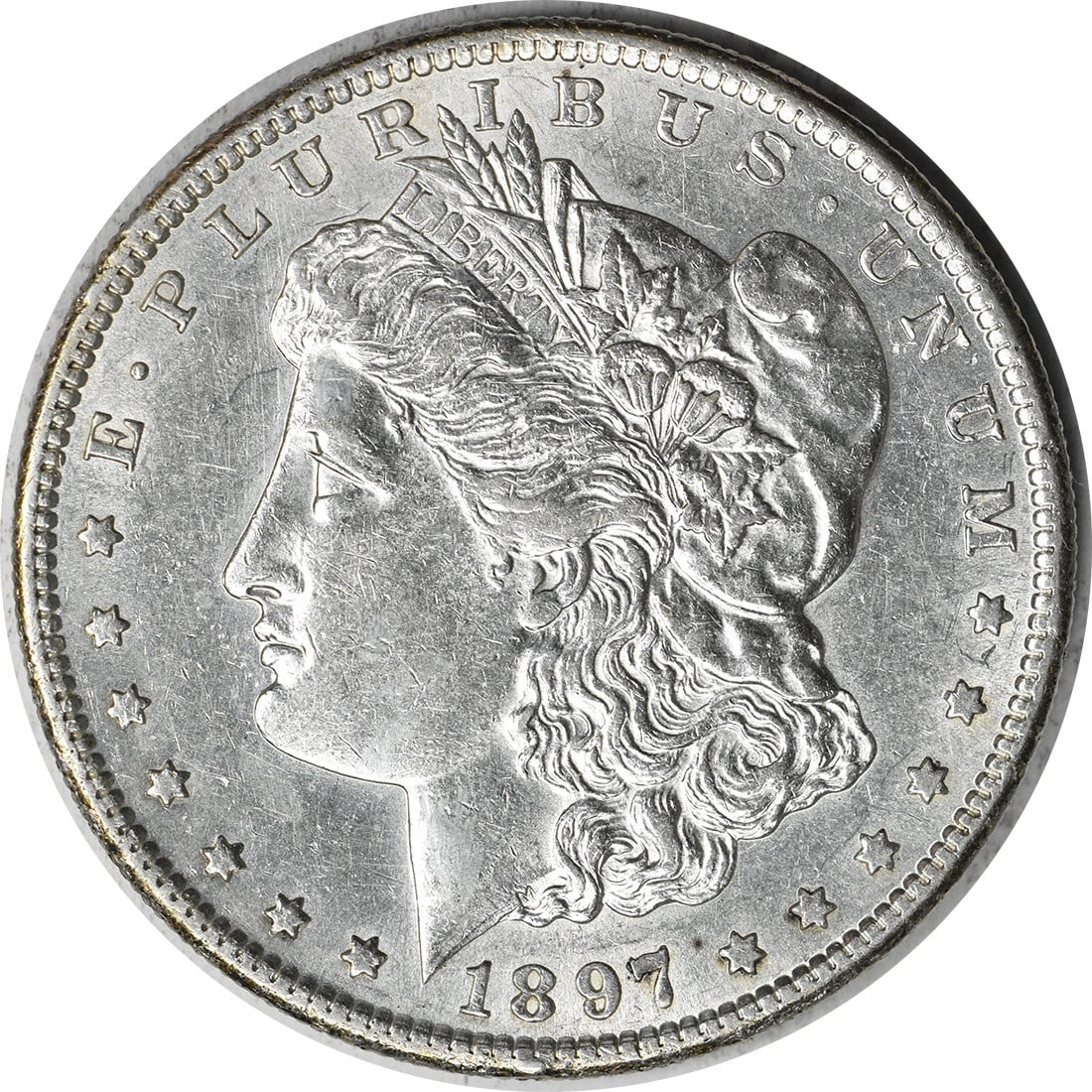 1897-S Morgan Silver Dollar AU Slider Uncertified: 1897-S Morgan Silver Dollar AU Slider Uncertified The 1897-S Morgan Silver Dollar features a striking design by George T. Morgan, with its reeded edge and classic portrait of Lady Liberty on the obver