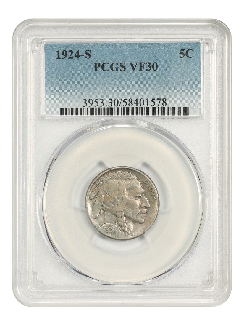 Key date buffalo nickel underrated s mint pcgs vf30 5c 1924-s: Key date buffalo nickel underrated s mint pcgs vf30 5c 1924-s 1924-S Buffalo Nickel PCGS VF30 - A Rare Circulated Piece from the San Francisco Mint. This Key Date coin features a striking design with 