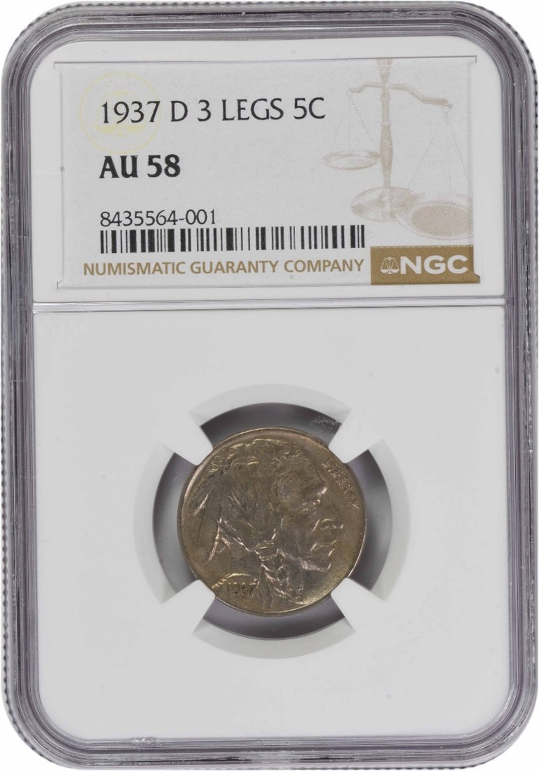 1937-D Buffalo Nickel 3 Legs AU58 NGC: 1937-D Buffalo Nickel 3 Legs AU58 NGC The 1937-D Buffalo Nickel features a distinctive three-legged design, a hallmark of the series. Graded AU58 by the Numismatic Guaranty Corporation (NGC), this cir