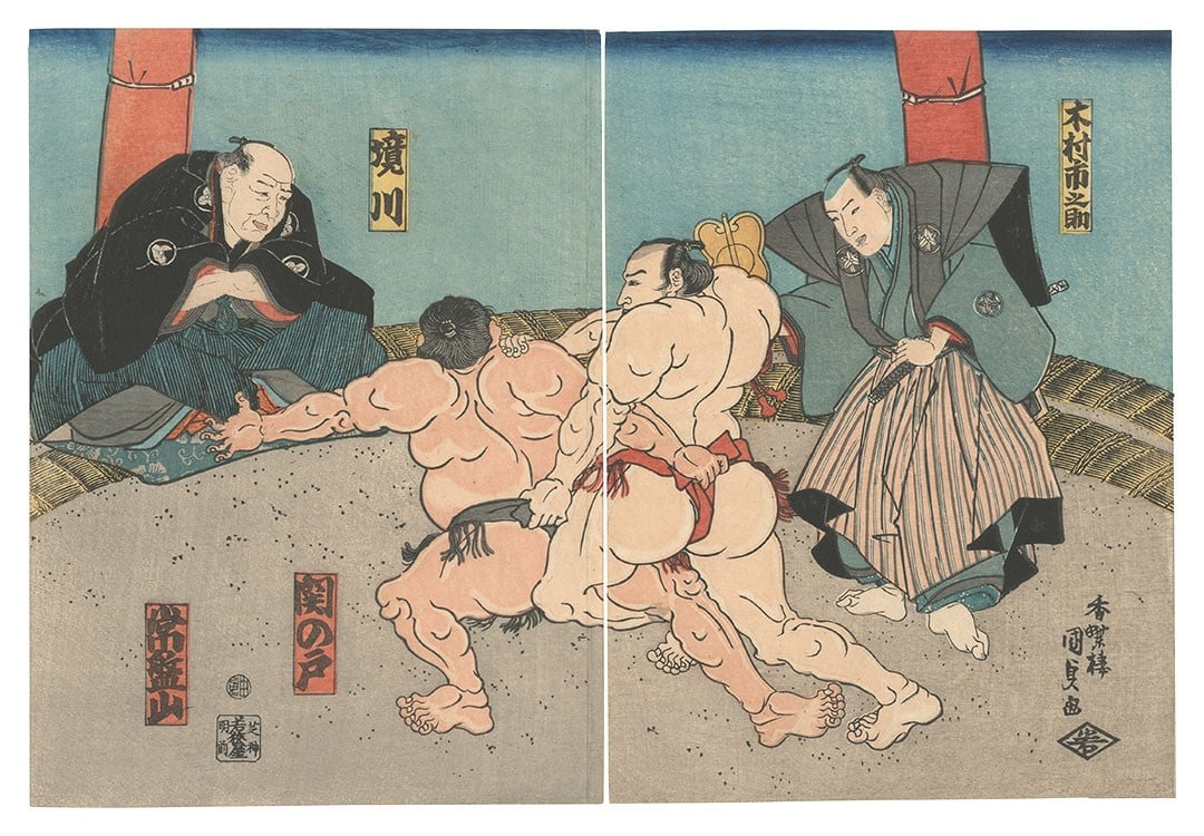 Kunisada I Japanese Woodblock Print Sumo e Diptych Chuban Tenpo Era 1843 1847: Kunisada I Japanese Woodblock Print Sumo e Diptych Chuban Tenpo Era 1843 1847 Item Specifics: Artist: Kunisada I Subject: Sumo Wrestling Material: Washi Paper Style: Japanese Year Of Production: 1843 
