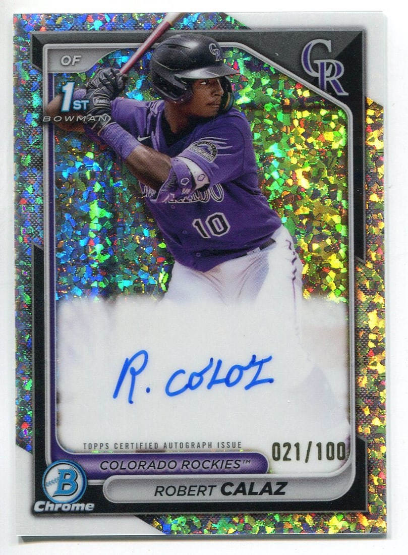 Robert Calaz 2024 Bowman Chrome Auto Mini-Diamond Refractor/ 100 Card: Robert Calaz 2024 Bowman Chrome Auto Mini-Diamond Refractor/ 100 Card Topps Robert Calaz 2024 Bowman Chrome Auto Mini-Diamond Refractor features an autograph from the artist, Robert Calaz. This produc