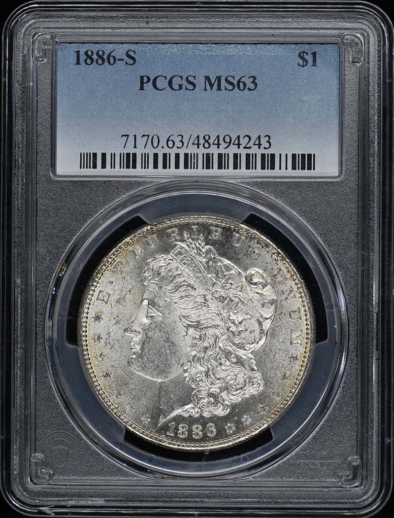 1886-S $1 Morgan Dollar PCGS MS63: 1886-S $1 Morgan Dollar PCGS MS63 The 1886-S $1 Morgan Dollar, graded MS63 by PCGS, showcases the iconic design of Augustus Saint-Gaudens. This uncirculated coin features the San Francisco mint mark