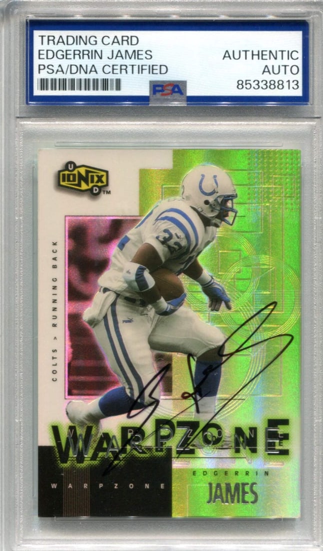 Edgerrin James 2000 Upper Deck Warpzone PSA Auto Auth Card: Edgerrin James 2000 Upper Deck Warpzone PSA Auto Auth Card Edgerrin James' 2000 Upper Deck Warpzone #WZ4 PSA Auto Auth Card features the legendary running back's signature, certified by Professional S