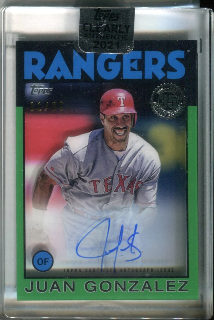 Juan Gonzalez 2021 Topps Clearly Authentic Autographed Card 1/ 99: Juan Gonzalez 2021 Topps Clearly Authentic Autographed Card 1/ 99 Signed by Juan Gonzalez, the 2021 Topps Clearly Authentic Autographed Card features a unique and highly collectible piece of sports me