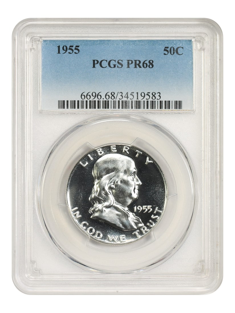 1955 50C PCGS PR68 - Franklin Half Dollar: 1955 50C PCGS PR68 - Franklin Half Dollar The 1955 Franklin Half Dollar, graded PR68 by PCGS, boasts exceptional condition with minimal wear. This uncirculated coin showcases the iconic design of Will