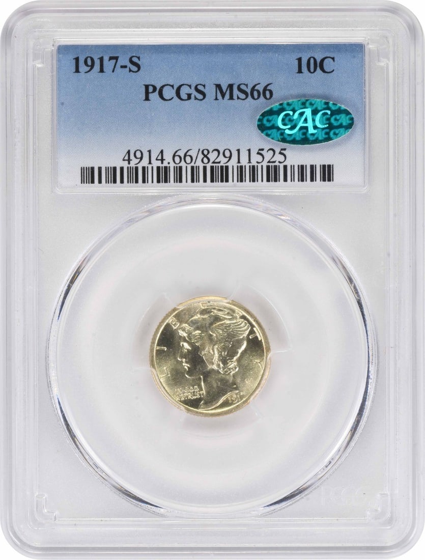 1917-S Mercury Silver Dime MS66 PCGS (CAC): 1917-S Mercury Silver Dime MS66 PCGS (CAC) The 1917-S Mercury Silver Dime MS66 PCGS is a highly graded, circulated/uncirculated uncirculated coin with a Km number of 140. Certified by the Professional