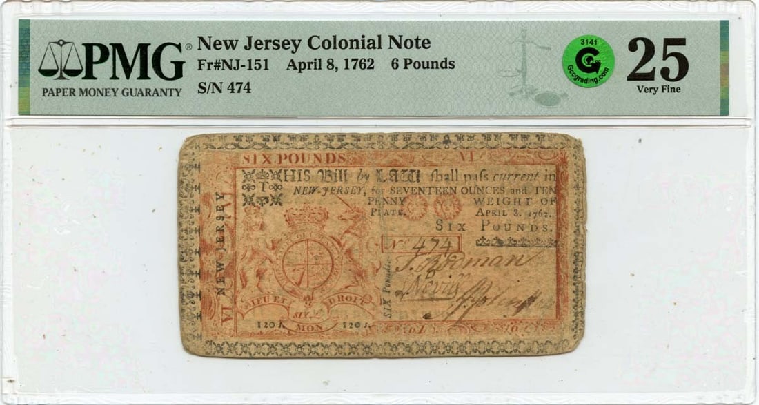 1762 April 8, 6 Pounds New Jersey Colonial Note FR#NJ-151 PMG VF25 GCC Green: 1762 April 8, 6 Pounds New Jersey Colonial Note FR#NJ-151 PMG VF25 GCC Green This 1762 April 8, 6 Pounds New Jersey Colonial Note features a unique GCC Green condition, with a PMG VF25 grade indicatin