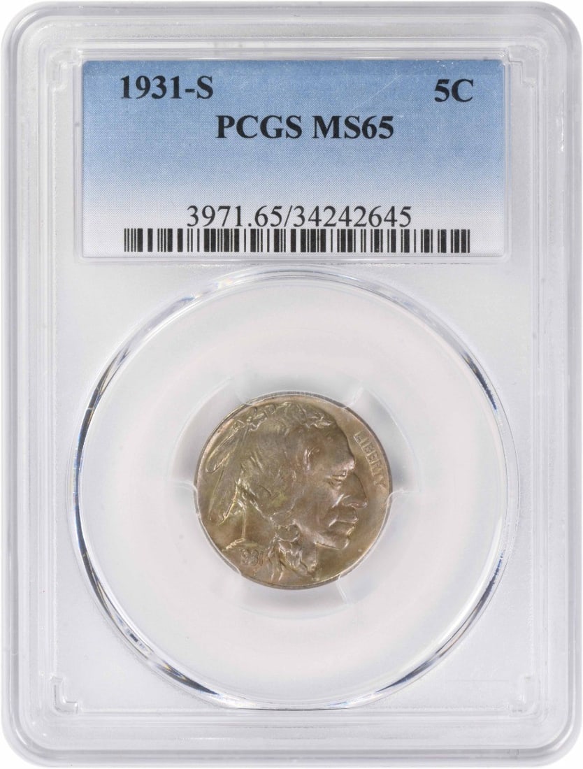 1931-S Buffalo Nickel MS65 PCGS: 1931-S Buffalo Nickel MS65 PCGS The 1931-S Buffalo Nickel MS65 PCGS boasts exceptional condition, with its high grade reflecting the coin's impressive preservation. Certified by PCGS as an Uncirculate