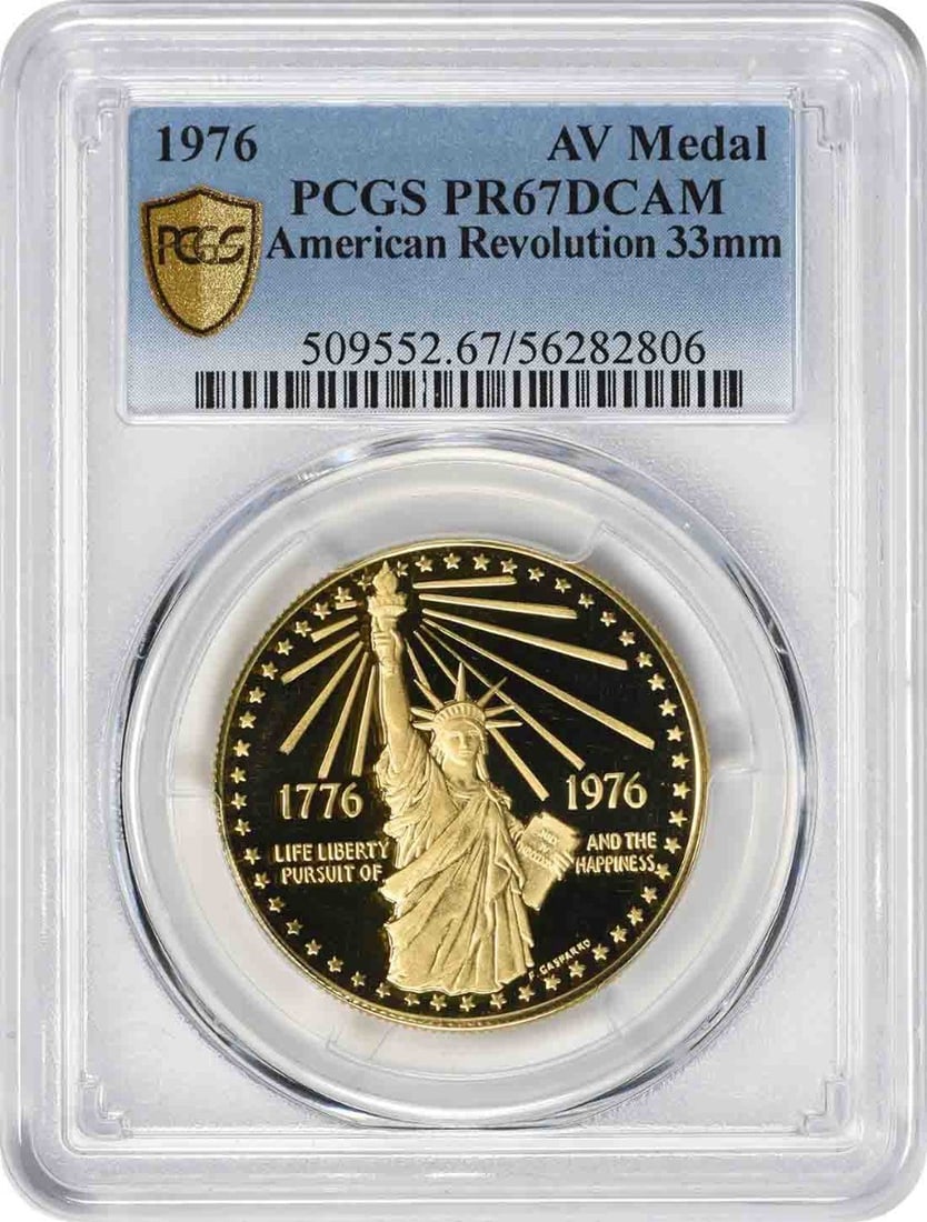 American Revolution 1976 AV 33mm Gold Medal PCGS PR67DCAM: American Revolution 1976 AV 33mm Gold Medal PCGS PR67DCAM The American Revolution 1976 AV 33mm Gold Medal features a striking design, bearing the signature of its creator. This uncirculated medal has 