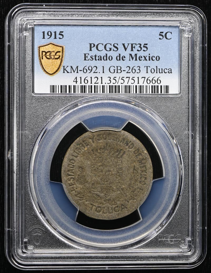 1915 5C Estado de Mexico KM-692.1 GB-263 Toluca 5 Centavos PCGS VF35: 1915 5C Estado de Mexico KM-692.1 GB-263 Toluca 5 Centavos PCGS VF35 1915 Estado de Mexico 5 Centavos PCGS VF35. This circulated 5 centavo coin from 1915 features a striking design and bears the mark 