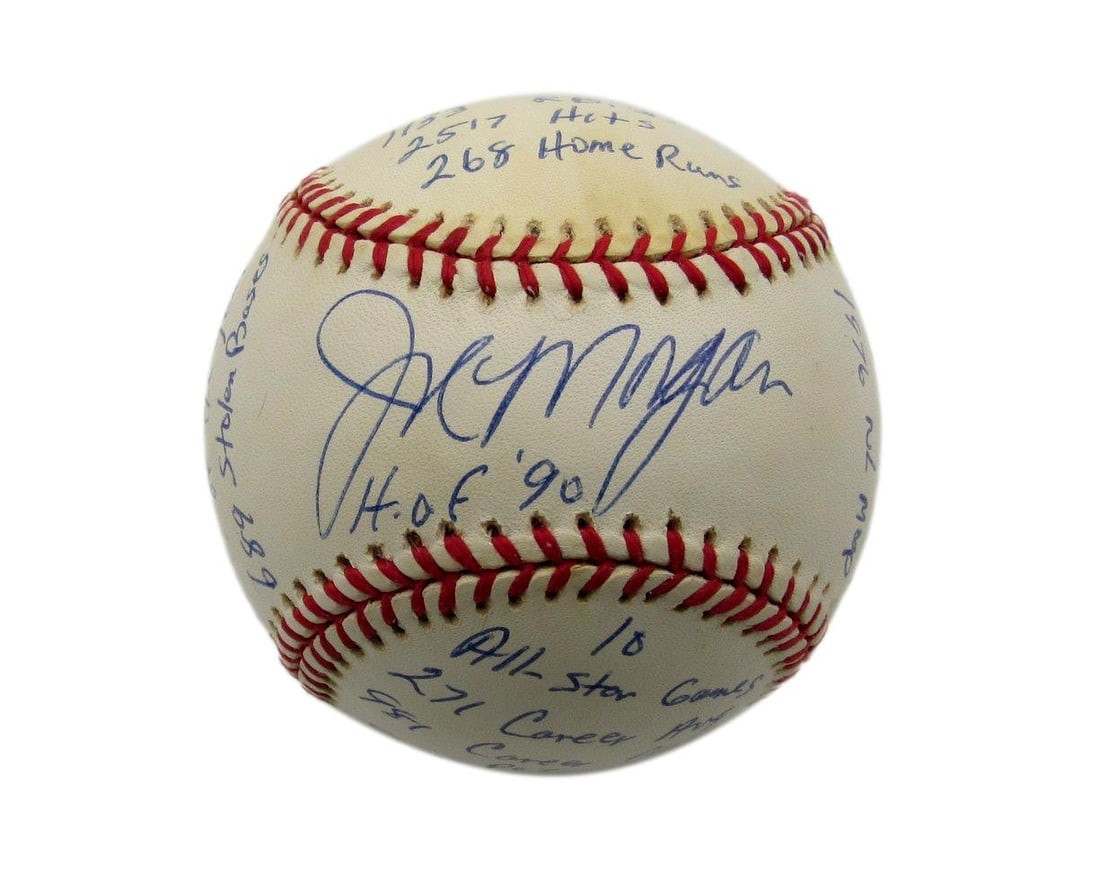 Joe Morgan HOF Reds Signed/ Inscribed OML STAT Baseball Reggie Jackson COA 198560: Joe Morgan HOF Reds Signed/ Inscribed OML STAT Baseball Reggie Jackson COA 198560 Signed by Joe Morgan, the Hall of Fame second baseman for the Cincinnati Reds, this OML STAT baseball boasts an impres