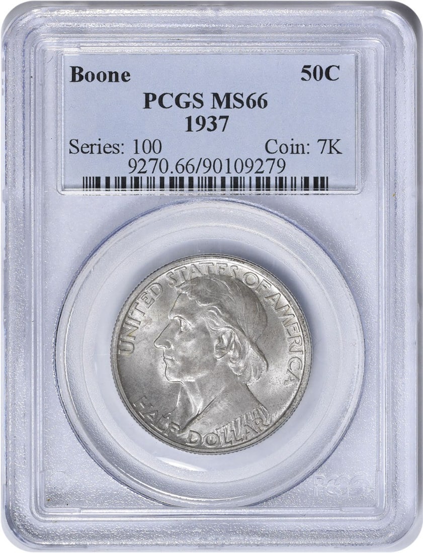 MS66 PCGS Boone 1937 Commemorative Half Mint State: MS66 PCGS Boone 1937 Commemorative Half Mint State The MS66 PCGS Boone 1937 Commemorative Half Dollar boasts an impressive uncirculated grade, showcasing its exceptional condition. With a mintage of j