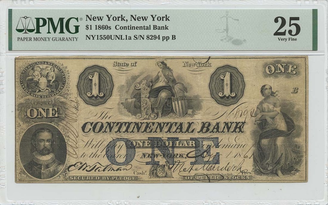 PMG VF25 1861 $1 New York Continental Obsolete Note: PMG VF25 1861 $1 New York Continental Obsolete Note The PMG VF25 1861 $1 New York Continental Obsolete Note features a unique design with notable details, including its circulated condition and distin