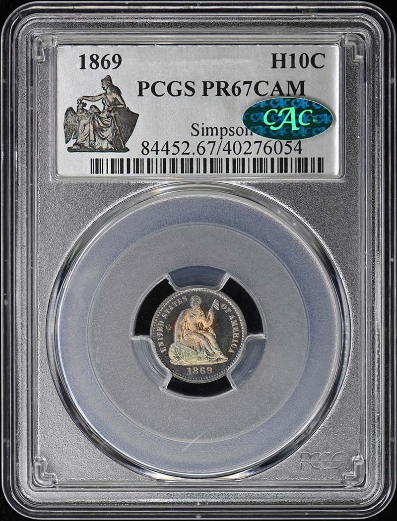 PCGS PR67CAM CAC H10C Liberty Seated Half Dime 1869: PCGS PR67CAM CAC H10C Liberty Seated Half Dime 1869 The PCGS PR67CAM CAC H10C Liberty Seated Half Dime 1869 is an uncirculated coin with a high grade of PR67, certified by the Professional Coin Gradin