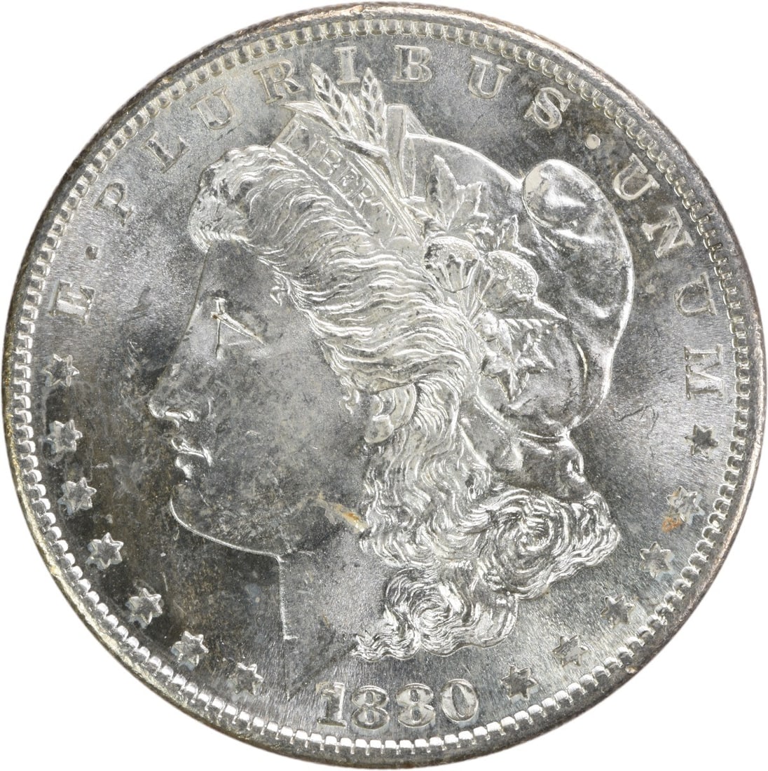 1880-S Morgan Silver Dollar Choice BU Uncertified: 1880-S Morgan Silver Dollar Choice BU Uncertified Choice BU Uncertified Morgan Silver Dollar from the 1880-S mint, boasting its uncirculated state and certified composition of pure silver. This rare c