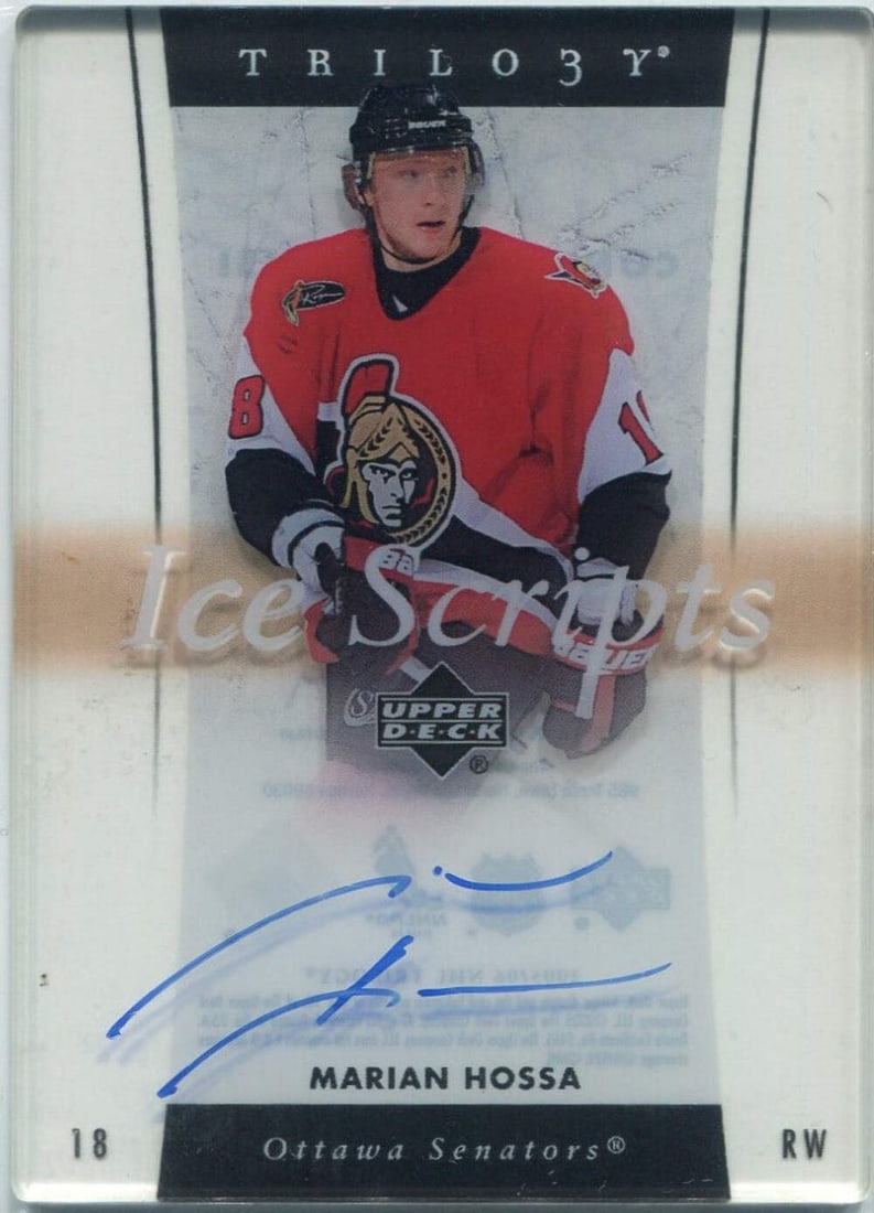 Marian Hossa 2005 - 2006 Upper Deck Trilogy Ice Scripts Autographed Card #IS-HO: Marian Hossa 2005 - 2006 Upper Deck Trilogy Ice Scripts Autographed Card #IS-HO Marian Hossa's 2005-2006 Upper Deck Trilogy Ice Scripts Autographed Card #IS-HO features the signature of the legendary 