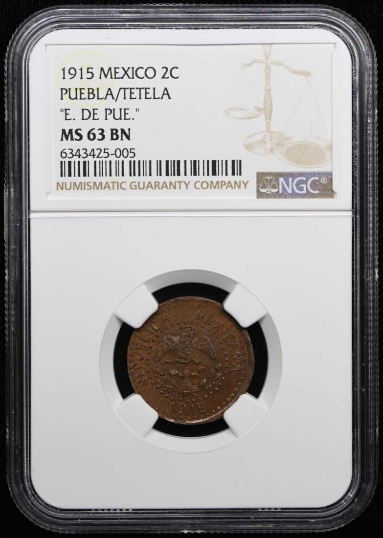 1915 MEXICO PUEBLA/ TETELA KM-761 GB-396 2C NGC MS63BN: 1915 MEXICO PUEBLA/ TETELA KM-761 GB-396 2C NGC MS63BN The 1915 Mexico Puebla/Tetela KM-761 GB-396 2C NGC MS63BN coin features a striking design, bearing the signature of its creator. Certified by the