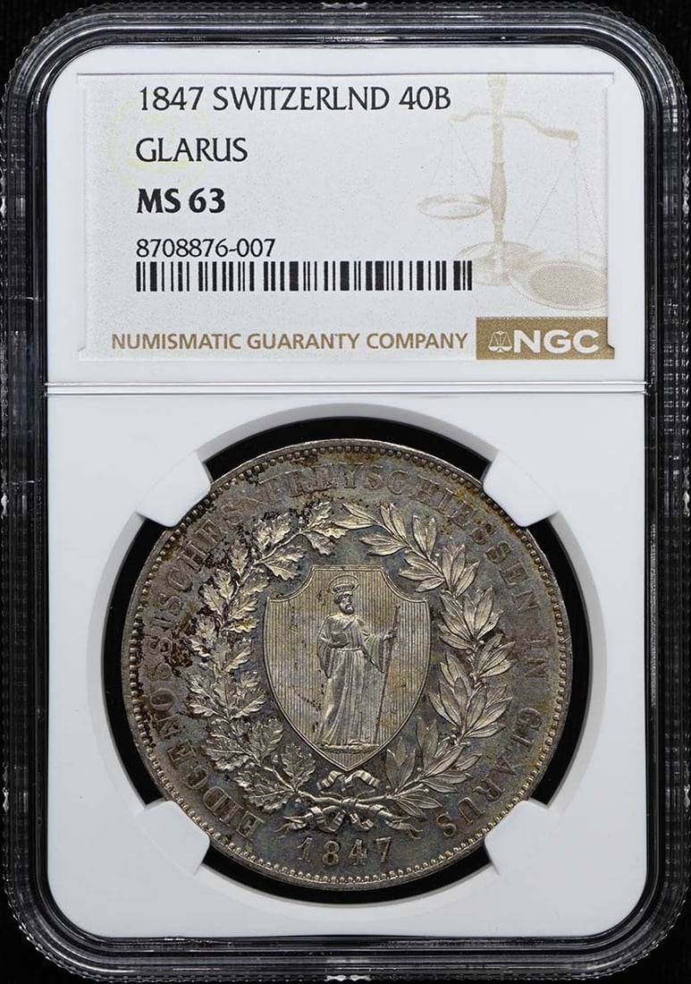 1847 SWITZERLND GLARUS 40B NGC MS63 R-803a Martin-429/ A Mintage 2177: 1847 SWITZERLND GLARUS 40B NGC MS63 R-803a Martin-429/ A Mintage 2177 1847 Swiss Glarus 40B NGC MS63 R-803a Martin-429, a rare and highly sought-after coin. Mintage of only 2177 makes it a scarce find