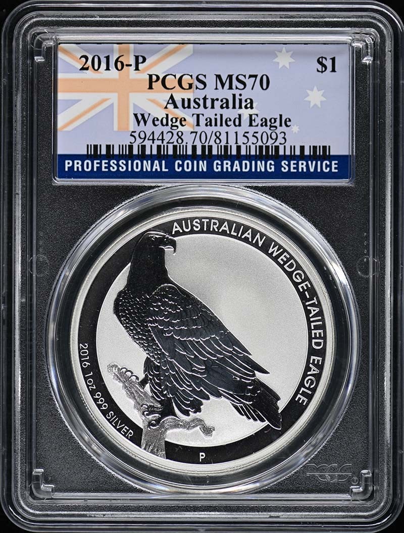 2016-P $1 Wedge Tailed Eagle PCGS MS70: 2016-P $1 Wedge Tailed Eagle PCGS MS70 The 2016-P $1 Wedge Tailed Eagle PCGS MS70 is an uncirculated coin with a high grade, certified by the Professional Coin Grading Service (PCGS) as MS70. This coi