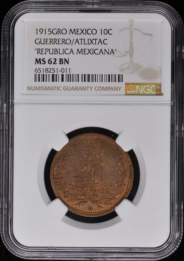 1915GRO MEXICO GUERRERO/ ATLIXTAC 10C NGC MS62BN: 1915GRO MEXICO GUERRERO/ ATLIXTAC 10C NGC MS62BN The 1915GRO Mexico Guerrero/ Atlixtac 10C NGC MS62BN features a high-grade, uncirculated condition with a notable grade of MS62. This coin bears the ma