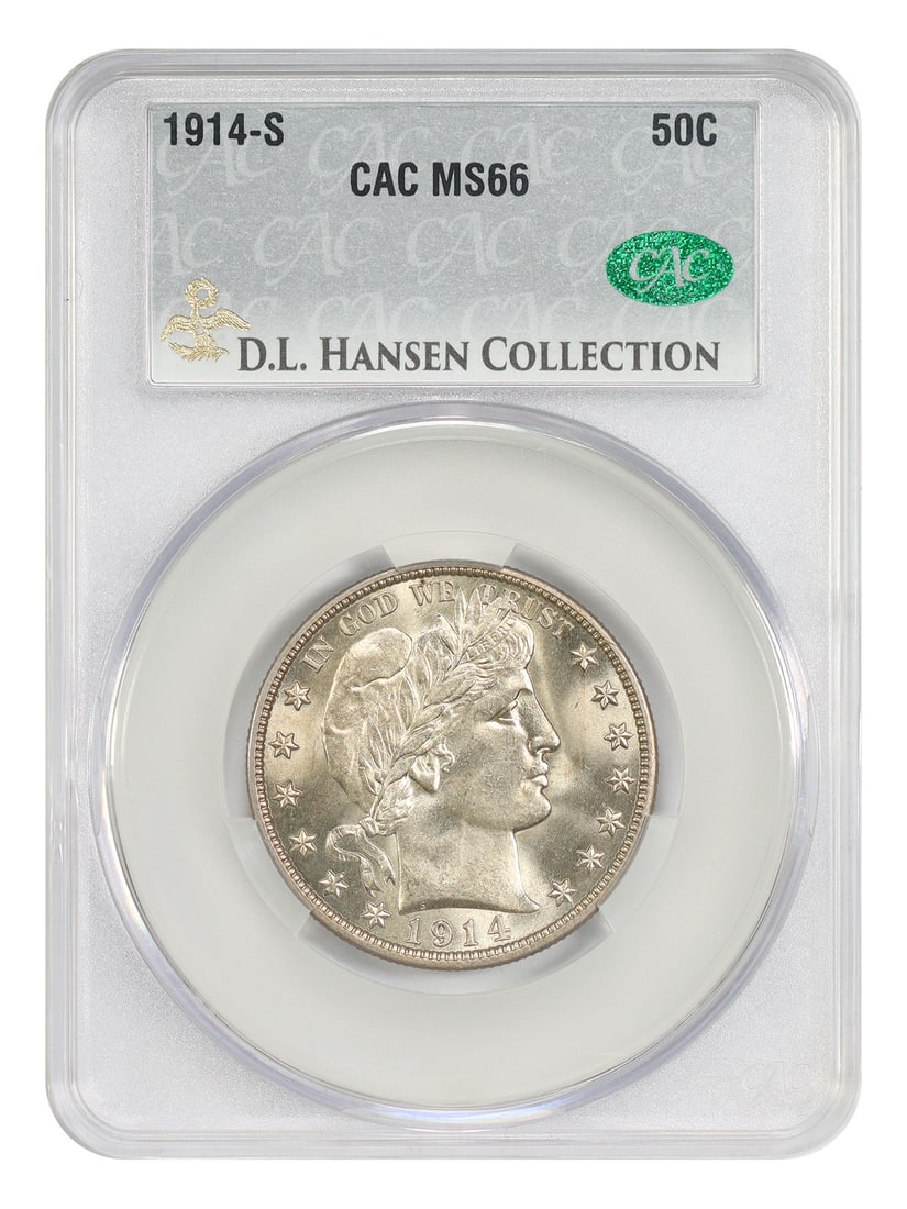 1914-S 50C CACG MS66 ex: D.L. Hansen - Barber Half Dollar: 1914-S 50C CACG MS66 ex: D.L. Hansen - Barber Half Dollar The 1914-S Barber Half Dollar, graded MS66 by CACG, boasts its original mint luster and crisp details. Certified as uncirculated, this coin sh