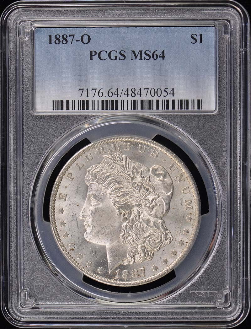 1887-O $1 Morgan Dollar PCGS MS64: 1887-O $1 Morgan Dollar PCGS MS64 The 1887-O $1 Morgan Dollar, graded MS64 by PCGS, showcases exceptional preservation with minimal signs of wear. This uncirculated coin features the iconic design of 