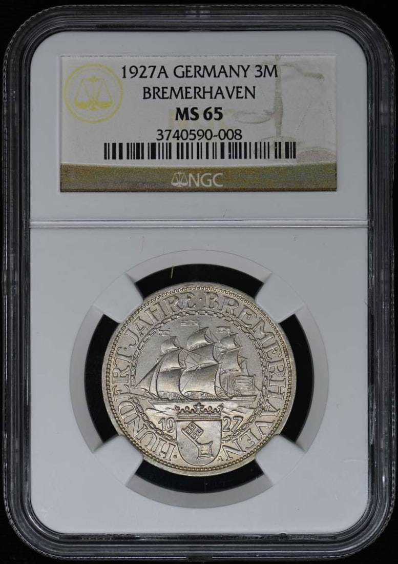 1927A GERMANY BREMERHAVEN Silver 3 Marks NGC MS65: 1927A GERMANY BREMERHAVEN Silver 3 Marks NGC MS65 The 1927A Germany Bremerhaven Silver 3 Marks coin boasts an impressive NGC MS65 grade, showcasing exceptional minting quality. This uncirculated