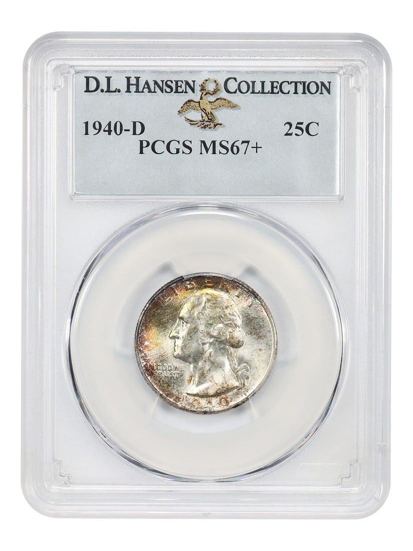 1940-D 25C PCGS MS67+ ex: D.L. Hansen - Washington Quarter: 1940-D 25C PCGS MS67+ ex: D.L. Hansen - Washington Quarter 1940-D 25C PCGS MS67+ ex: D.L. Hansen - A highly graded Washington Quarter from the Denver Mint, certified by PCGS as MS67+, with a rich hist
