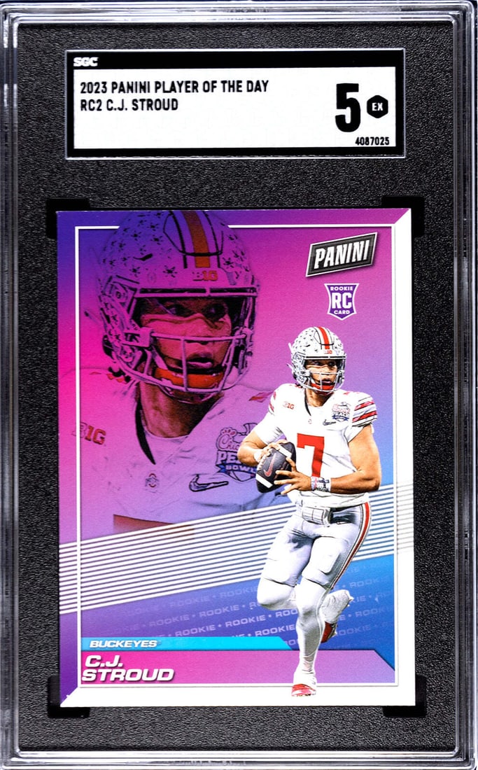 CJ Stroud 2023 Panini Player of the Day #RC2 SGC 5: CJ Stroud 2023 Panini Player of the Day #RC2 SGC 5 CJ Stroud 2023 Panini Player of the Day #RC2 SGC 5 features a signed card from CJ Stroud, part of the 2023 Panini Player of the Day set. The item is 