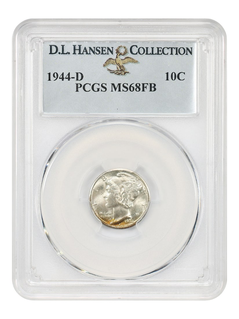PCGS MS68FB ex D L Hansen 1944-D 10C: PCGS MS68FB ex D L Hansen 1944-D 10C The PCGS MS68FB ex D L Hansen 1944-D 10C is an uncirculated 10-cent coin from the Denver mint, graded MS68 by the Professional Coin Grading Service. This coin bear