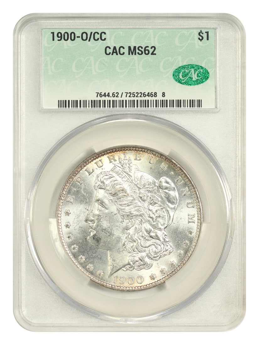 1900-O/ CC $1 CACG MS62 - Morgan Dollar - Scarce Variety: 1900-O/ CC $1 CACG MS62 - Morgan Dollar - Scarce Variety The 1900-O/ CC $1 Morgan Dollar, certified CACG MS62, boasts an exceptionally rare and scarce variety. This uncirculated coin showcases a uniqu