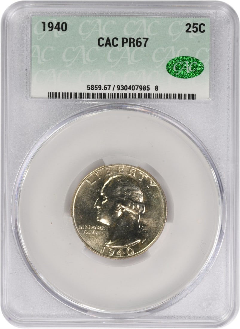 1940 Washington Silver Quarter PR67 CACG: 1940 Washington Silver Quarter PR67 CACG The 1940 Washington Silver Quarter PR67 CACG boasts exceptional condition, with a high grade of PR67 indicating its outstanding mint state quality. This uncirc