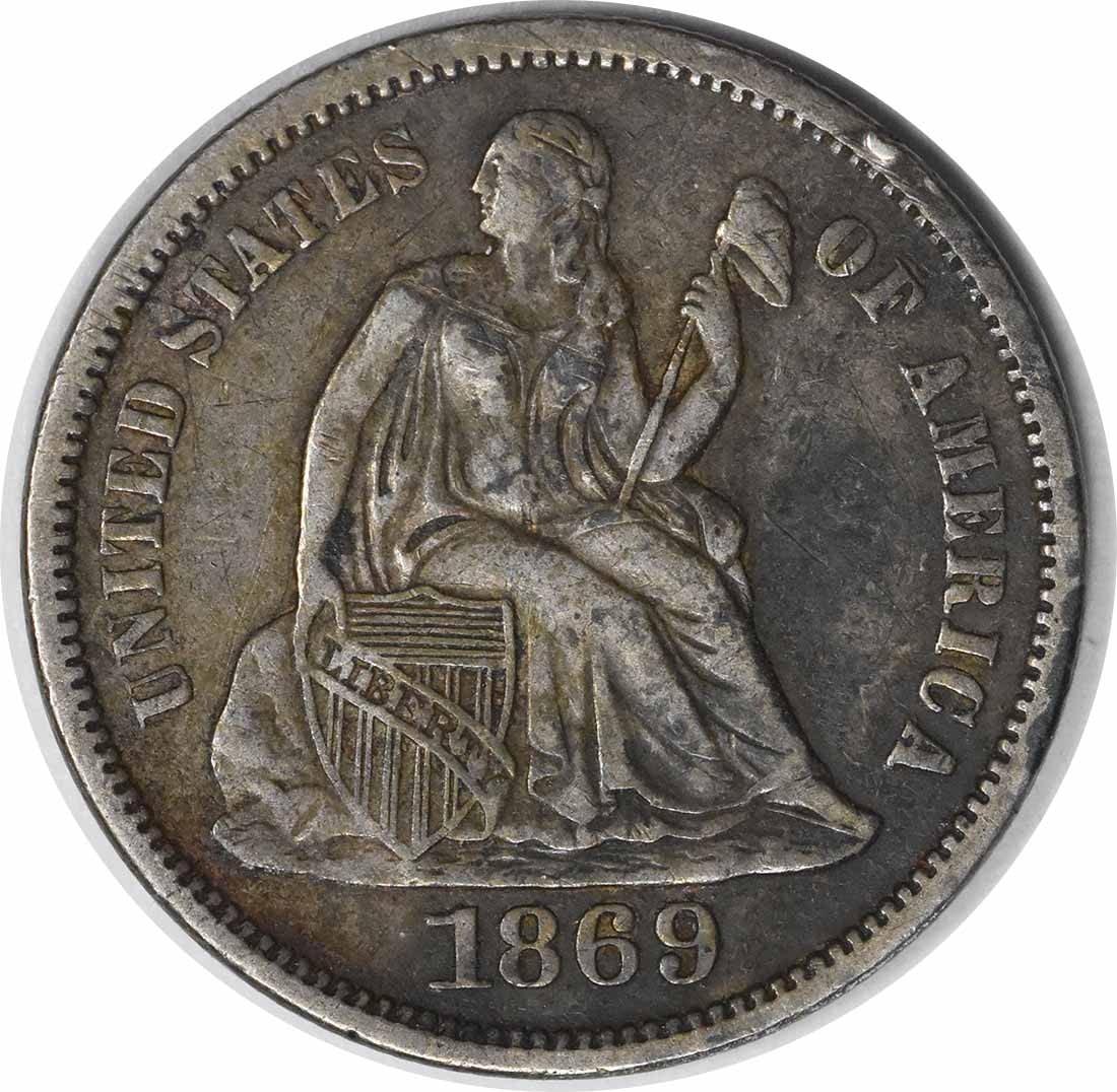 Silver Dime EF Uncertified 1869-S Liberty: Silver Dime EF Uncertified 1869-S Liberty The 1869-S Silver Dime EF Uncertified features a striking Seated Liberty design, crafted by renowned artist Christian Gobrecht. This circulated coin boasts an