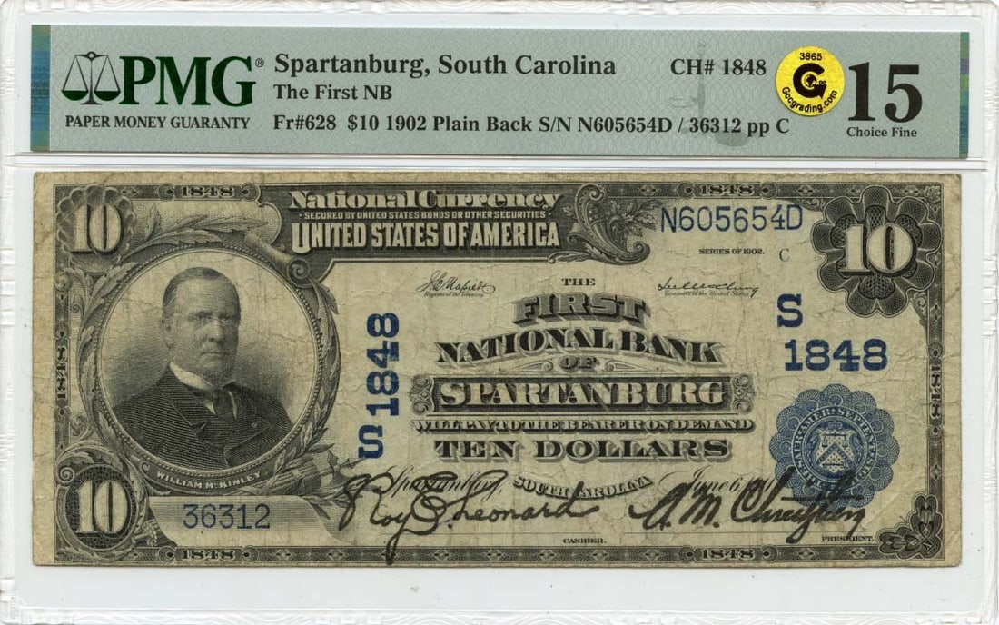 1902 $10 The First NB Spartanburg SC PMG F15 GCC Gold: 1902 $10 The First NB Spartanburg SC PMG F15 GCC Gold The 1902 $10 The First NB Spartanburg SC PMG F15 GCC Gold features a circulated grade and certification from the Professional Grading Corporation,