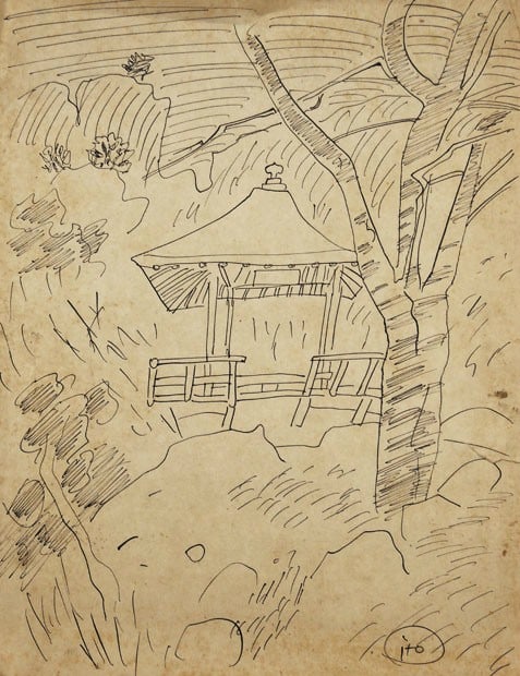 Ren Ito Original Sketch Temple in the Mountains Japanese Art Drawing (1 of 1)