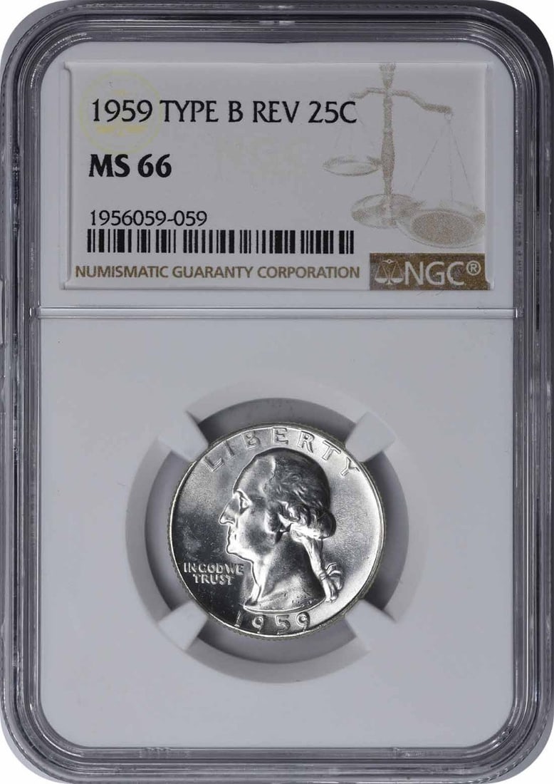 1959 Washington Silver Quarter Type B Reverse FS-901 MS66 NGC: 1959 Washington Silver Quarter Type B Reverse FS-901 MS66 NGC The 1959 Washington Silver Quarter Type B Reverse FS-901 MS66 NGC is a highly detailed and precise coin, certified by the Numismatic Guara