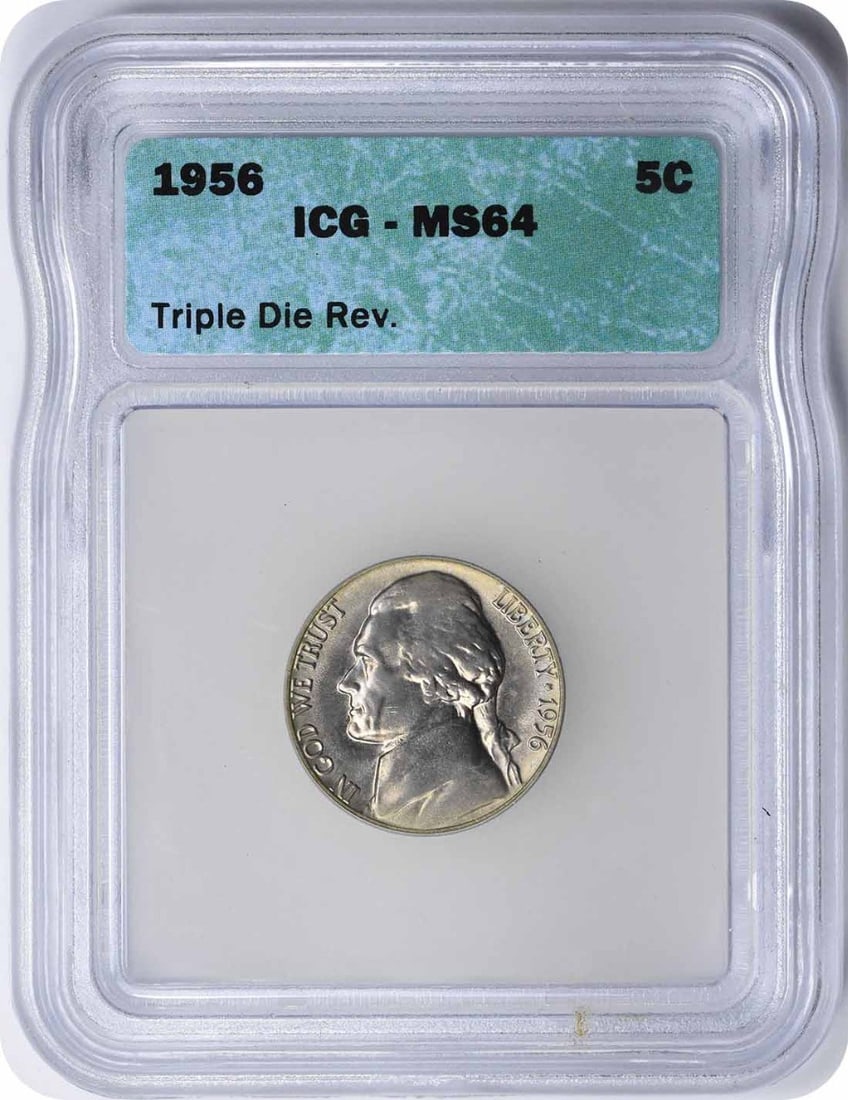 MS64 Triple Die Reverse Jefferson Nickel 1956: MS64 Triple Die Reverse Jefferson Nickel 1956 MS64 Triple Die Reverse Jefferson Nickel 1956 is a highly detailed and unique coin featuring the iconic Jefferson design by Felix Schlag. This uncirculate